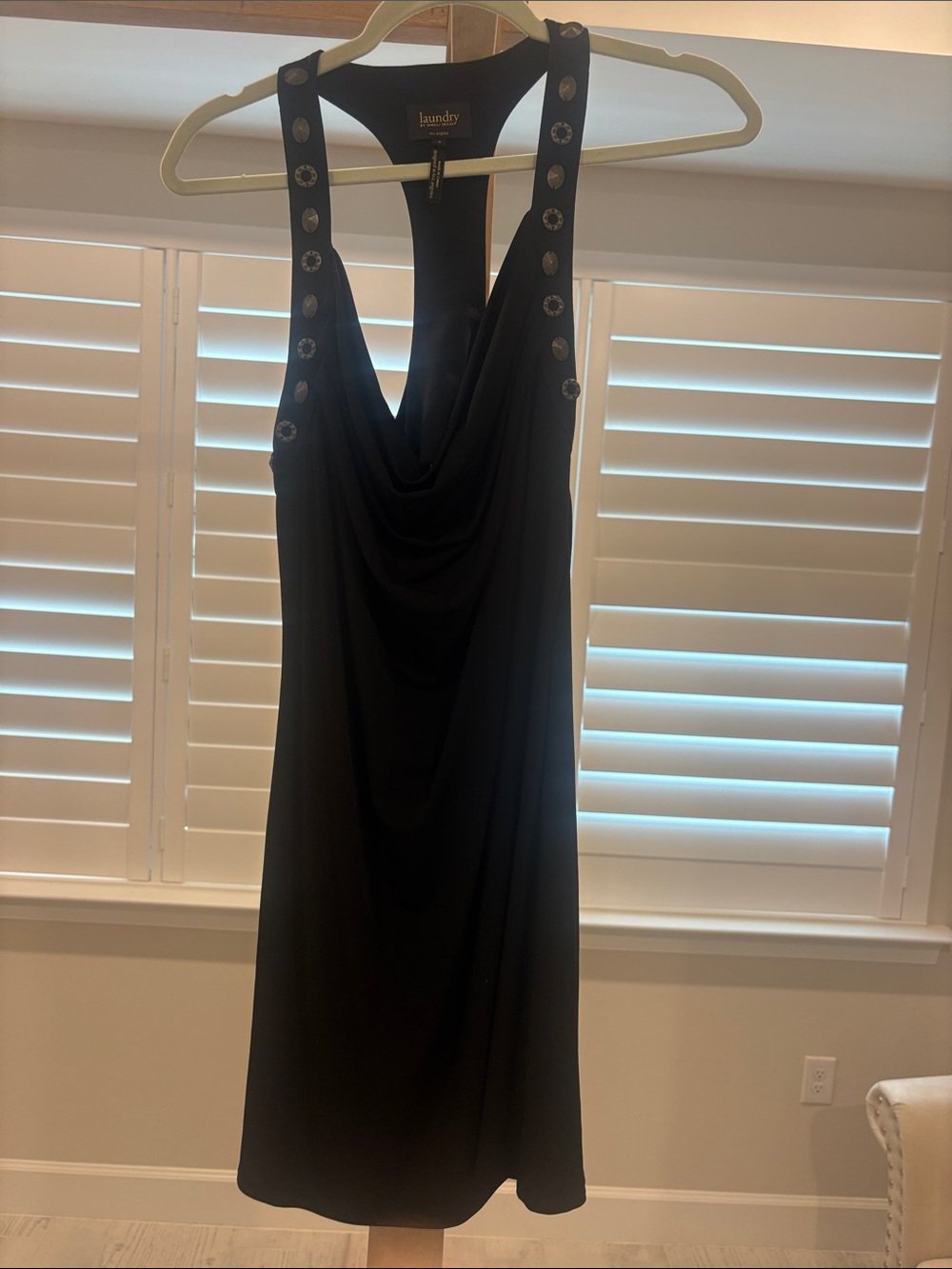 Laundry By Shelli Segal Black Backless Drape Neck Dress with Stud Accents
